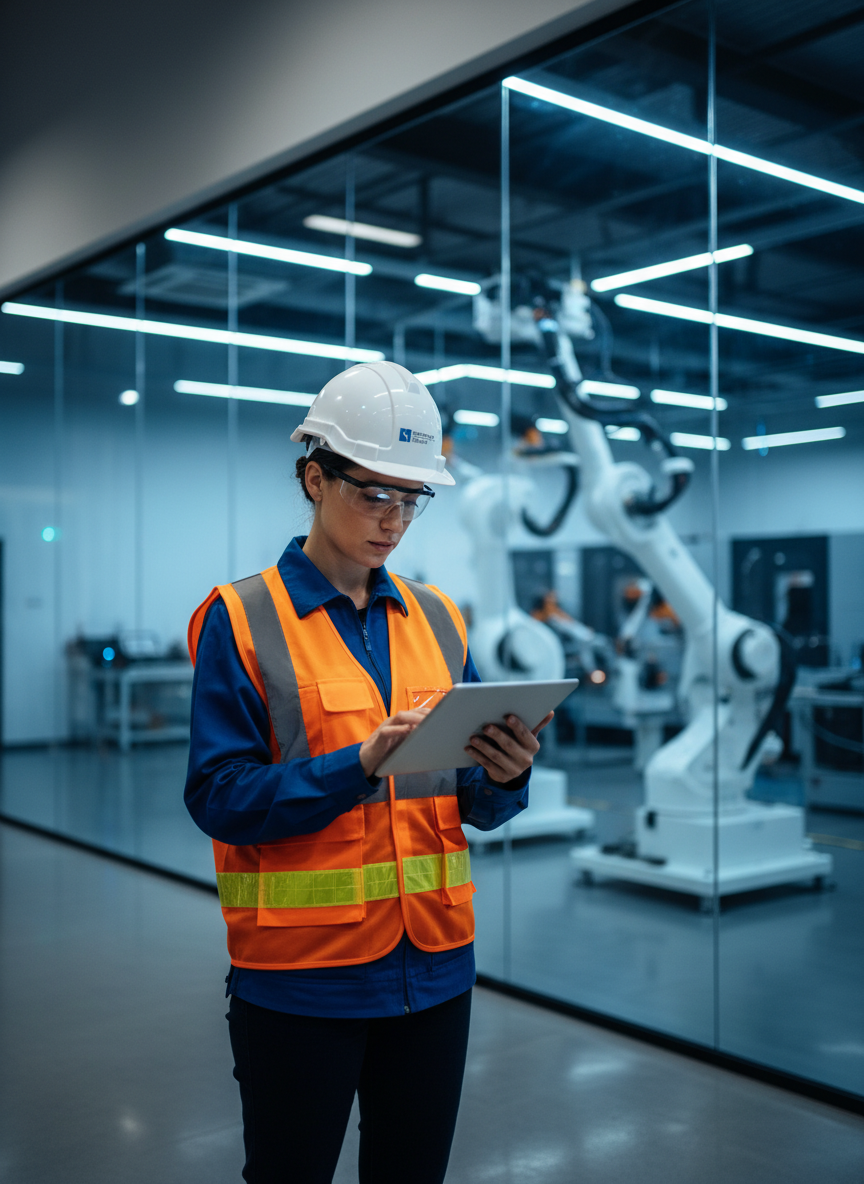 Engineer reviewing facility data on tablet